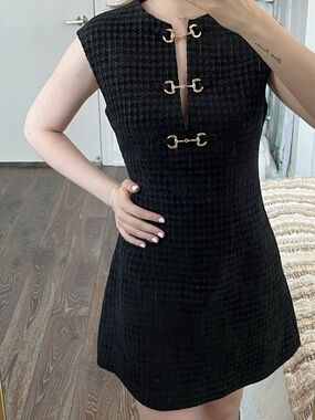 Sleeveless Black Tweed Mini Dress with Gold Hardware
